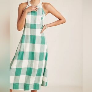 Maeve Greta Gingham Dress Size 2 Green White Linen Blend Lined Midi Dress